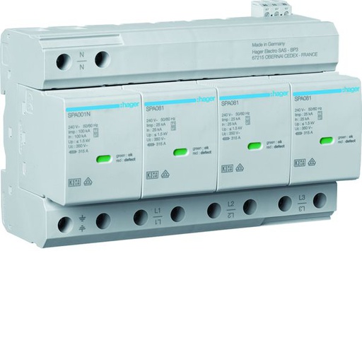 [HAG-SPA801] Parafoudre de type 1+2 Iimp 12,5kA 4P 8modules avec auxiliaire de contact SPA801