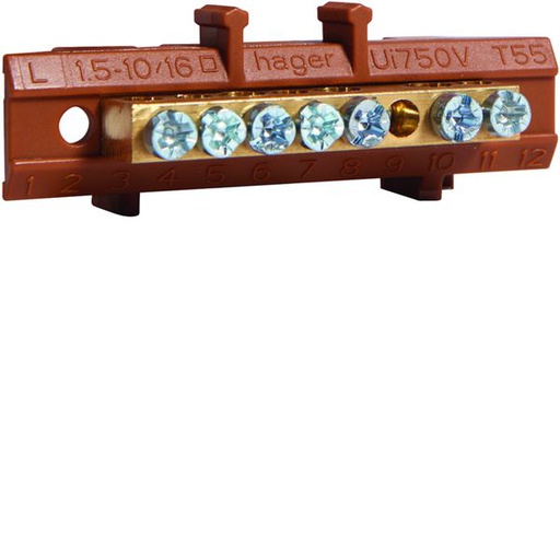 [HAG-KM07L] Borne en laiton, 4x10² 3x16², avec base de montage, Couleur: brun KM07L