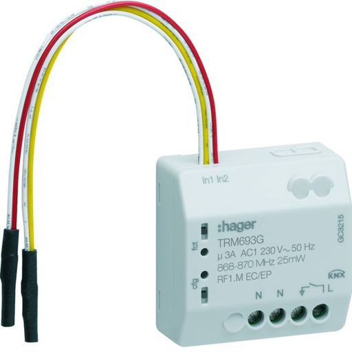 [HAG-TRM693G] micromodule 1 sortie éclairage ON/OFF 3A 230V + 2 entrées filaires, KNX radio TRM693G