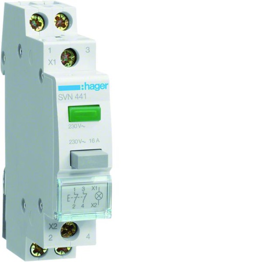 [HAG-SVN441] Bouton poussoir à impulsion 2O+0F 16A + voyant LED 230 - 230VAC Vert 1 module SVN441