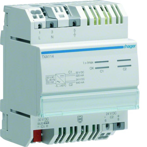 [HAG-TXA114] Alim modulaire 1 sortie 30VDC bus KNX sécurisée 320 mA + 1 sortie 24VDC 640mA TXA114