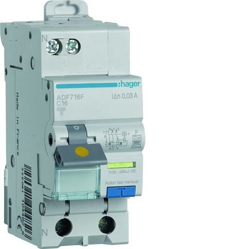 [HAG-ADF716F] Disjoncteur différentiel 1P+N 3kA C-16A 30mA type F  ADF716F