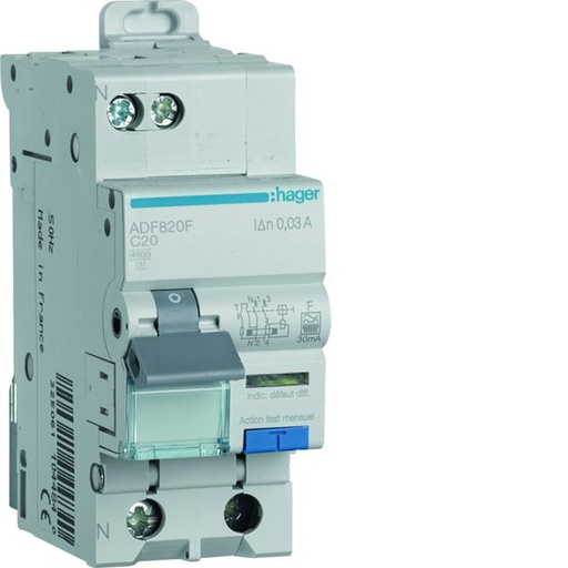 [HAG-ADF820F] Disjoncteur différentiel 20A 1P+N 4,5kA Courbe C 30mA type F 2 modules ADF820F