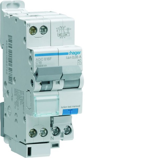[HAG-ADC816F] Disjoncteur différentiel 16A 1P+N 4,5-6kA Courbe C 30mA type AC 2 modules ADC816F