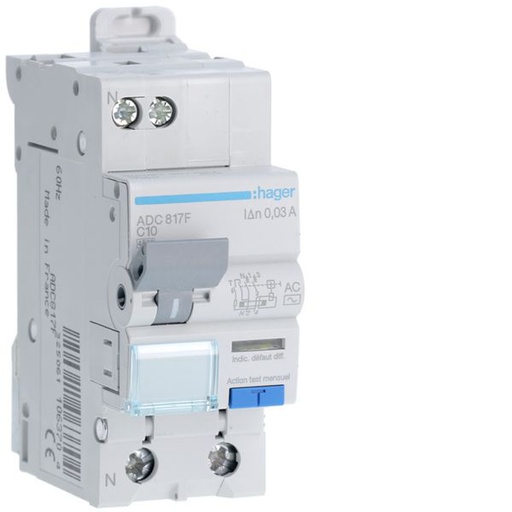 [HAG-ADC817F] Disjoncteur différentiel 10A 1P+N 4,5kA Courbe C 30mA type AC 60Hz 2 modules ADC817F