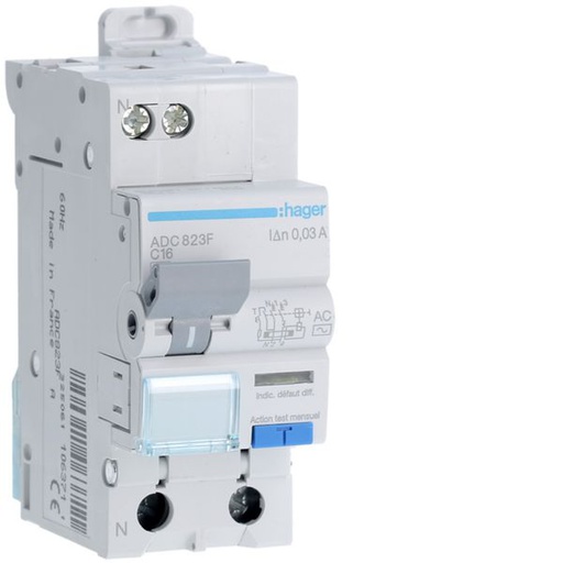 [HAG-ADC823F] Disjoncteur différentiel 16A 1P+N 4,5kA Courbe C 30mA type AC 60Hz 2 modules ADC823F
