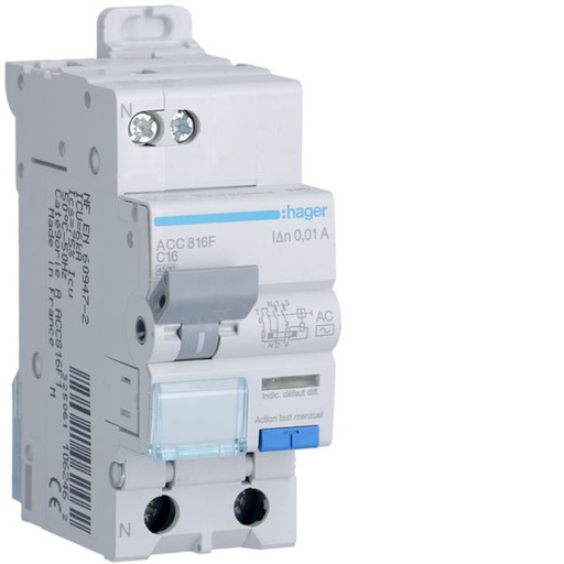 [HAG-ACC816F] Disjoncteur différentiel 16A 1P+N 4,5-6kA Courbe C 10mA type AC 1 module ACC816F