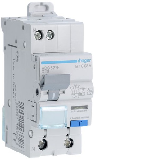 [HAG-ADC827F] Disjoncteur différentiel 20A 1P+N 4,5kA Courbe C 30mA type AC 60Hz 2 modules ADC827F