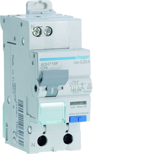 [HAG-ADH716F] Disjoncteur différentiel 1P+N 3kA C-16A 30mA type Haute Immunité ADH716F