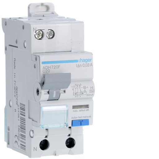 [HAG-ADH720F] Disjoncteur différentiel 1P+N 3kA C-20A 30mA type Haute Immunité ADH720F