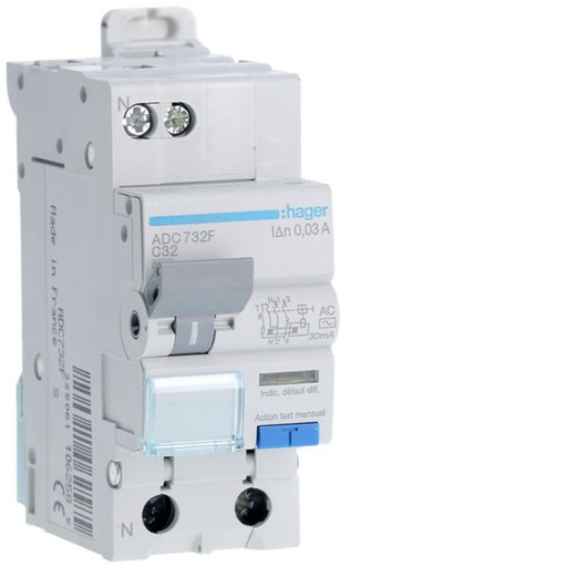[HAG-ADC732F] Disjoncteur différentiel 1P+N 3kA C-32A 30mA type AC ADC732F