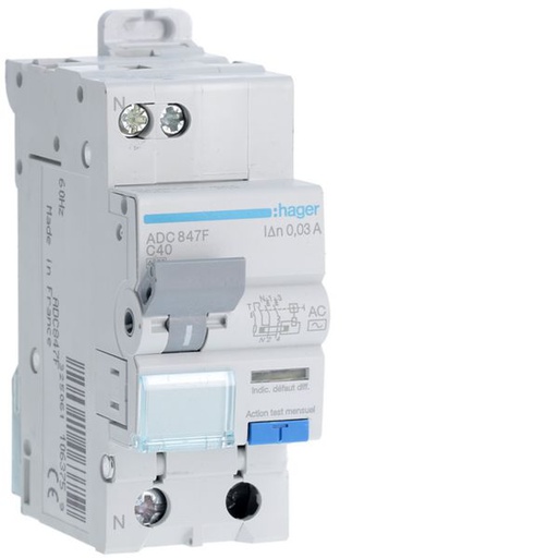 [HAG-ADC847F] Disjoncteur différentiel 40A 1P+N 4,5kA Courbe C 30mA type AC 60Hz 2 modules ADC847F