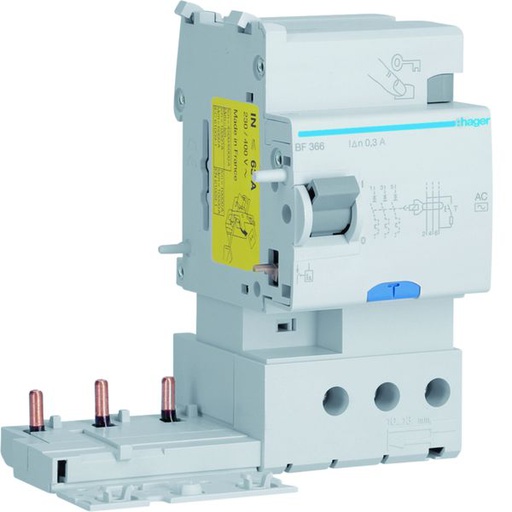 [HAG-BF366] Bloc différentiel 63A 30mA 3P type AC 50/60Hz à bornes alignées BF366