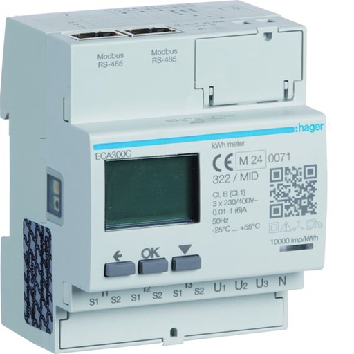 [HAG-ECA300C] Compteur d'énergie triphasé indirect 5A MOBDUS RS485 bornes rapides RJ45 MID ECA300C