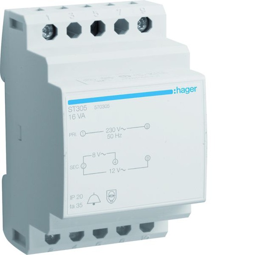 [HAG-ST305] Transformateur de sonnerie 16VA 230VAC - 8 - 12VAC 3 modules ST305