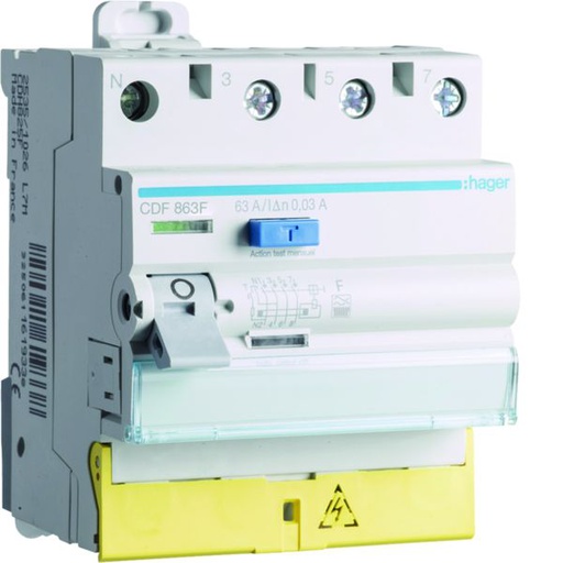 [HAG-CDF863F] Interrupteur différentiel 63A 30mA 3P+N type F à bornes décalées CDF863F