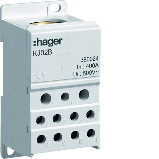 [HAG-KJ02B] Bloc de répartition 400A, unipolaire, 2x 6-25²/5x 1,5-16²/4x 1,5-10² KJ02B
