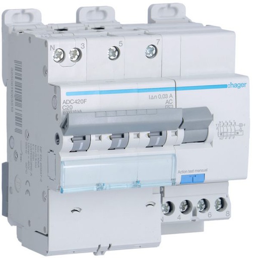 [HAG-ADC420F] Disjoncteur différentiel 20A 3P+N 6-10kA Courbe C 30mA type AC 5 modules ADC420F