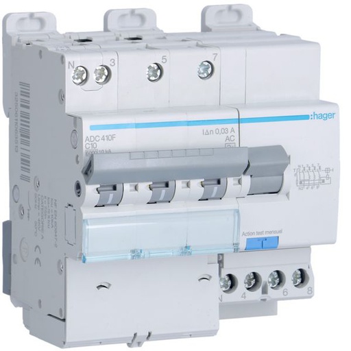 [HAG-ADC410F] Disjoncteur différentiel 10A 3P+N 6-10kA Courbe C 30mA type AC 5 modules ADC410F