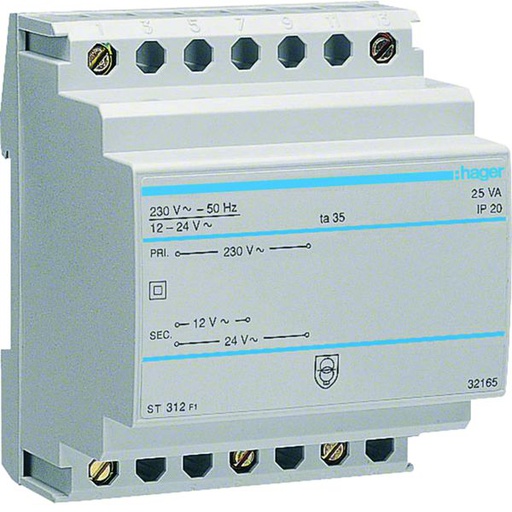 [HAG-ST312] Transformateur de sécurité 25VA 230VAC - 12 - 24VAC 4 modules ST312