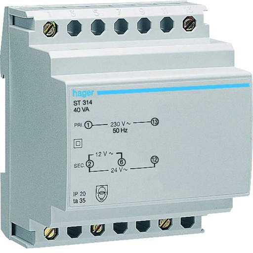 [HAG-ST314] Transformateur de sécurité 40VA 230VAC - 12 - 24VAC 4 modules ST314