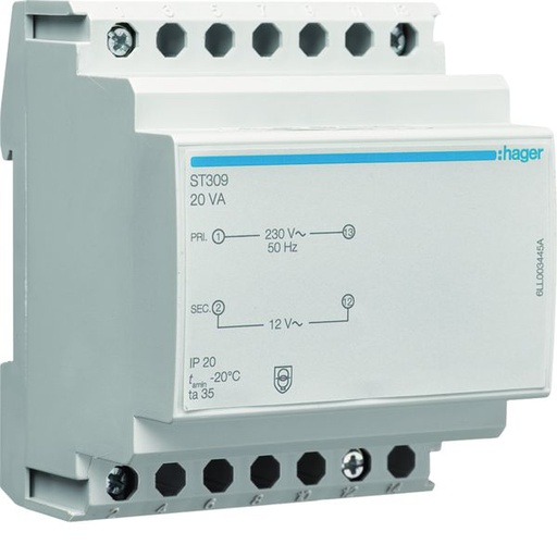 [HAG-ST309] Transformateur de sécurité 20VA 230VAC - 12 - 12VAC 4 modules ST309