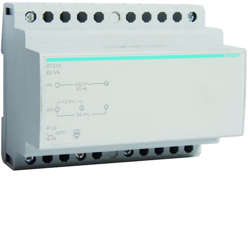 [HAG-ST315] Transformateur de sécurité 63VA 230VAC - 12 - 24VAC 6 modules ST315