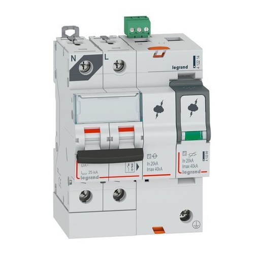 [LEG412214] Parafoudre Avec Protection Icc 25Ka T2 Imax 40Ka 1P+N Gauche legrand 412214