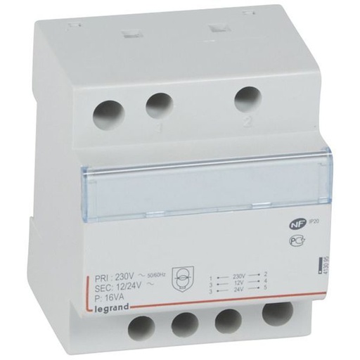[LEG413095] Transformateur De Sécurité 230V Vers 12V Ou 24V 16Va 4 M legrand 413095