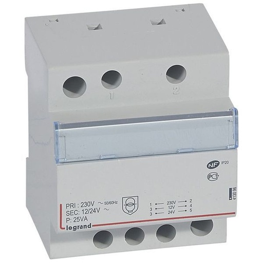 [LEG413096] Transformateur De Sécurité 230V Vers 12V Ou 24V 25Va 4 M legrand 413096