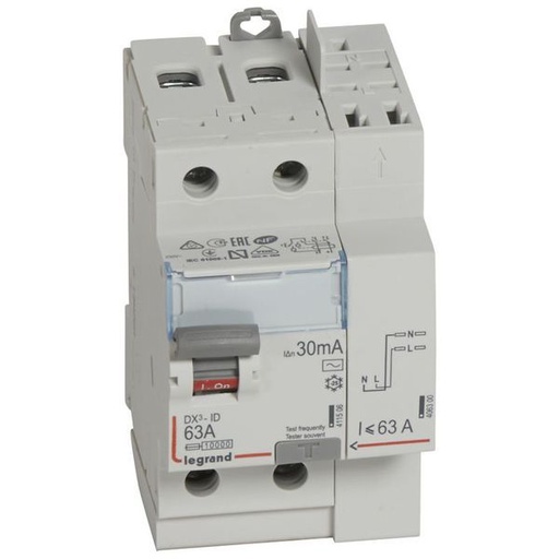 [LEG411633] Inter Diff Dx³-Id Vis/Auto Départ Haut 2P 230V~ 63A Typeac legrand 411633